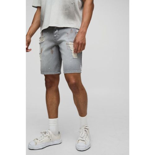 Relaxed Ripped Paint Splatter Rigid Denim Shorts In Grey - 28 - Boohooman - Modalova
