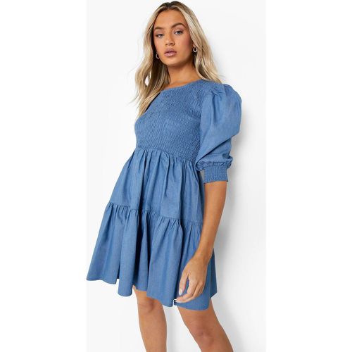 Robe Effet Denim À Smocks Et Manches Bouffantes - 40 - boohoo - Modalova