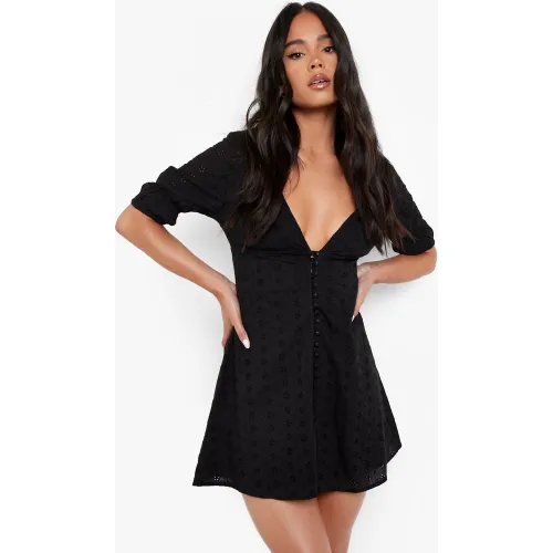 Petite" - Robe Courte En Broderie Anglaise À Manches Bouffantes - 36 - boohoo - Modalova