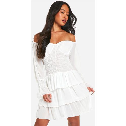Robe Courte Froncée En Mousseline De Soie À Col Bateau - 46 - boohoo - Modalova