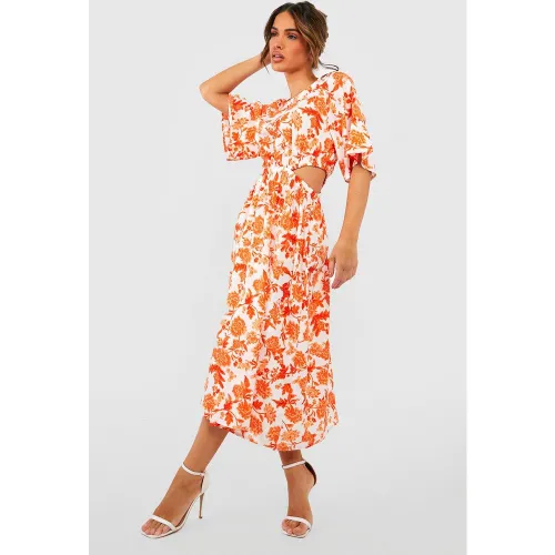 Robe Mi-Longue Fleurie À Manches Larges - 38 - boohoo - Modalova