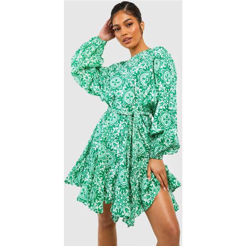 Robe Patineuse Imprimée En Coton À Ceinture - 38 - boohoo - Modalova