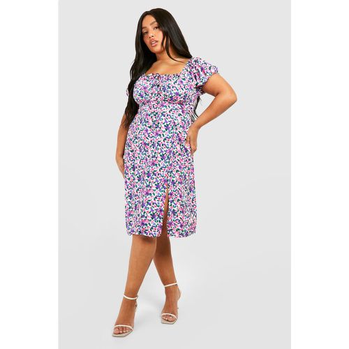 Grande Taille - Robe Mi-Longue Fleurie Fendue À Manches Bouffantes - boohoo - Modalova