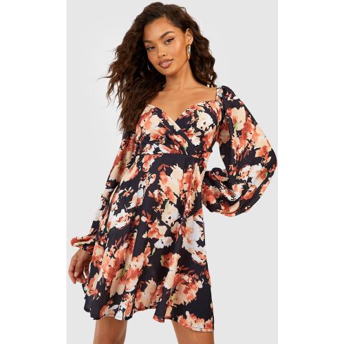 Robe Portefeuille Fleurie À Manches Bouffantes - 38 - boohoo - Modalova