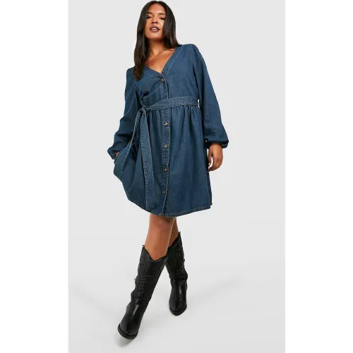 Grande Taille - Robe Patineuse En Jean À Ceinture - 46 - boohoo - Modalova