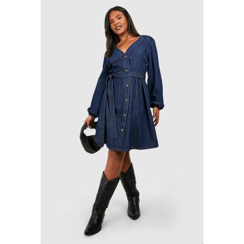 Grande Taille - Robe Patineuse En Jean À Ceinture - 44 - boohoo - Modalova