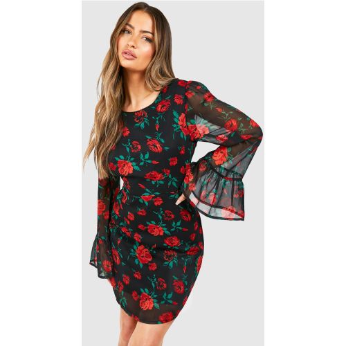 Robe Courte À Manches Évasées Et Imprimé Rose - 42 - boohoo - Modalova