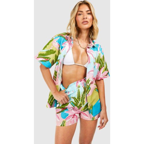 Ensemble En Lin À Imprimé Tropical Avec Chemise Et Short - S - boohoo - Modalova