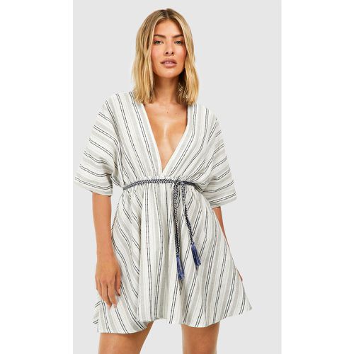 Kaftan De Plage En Lin À Ceinture Et Rayures - M - boohoo - Modalova