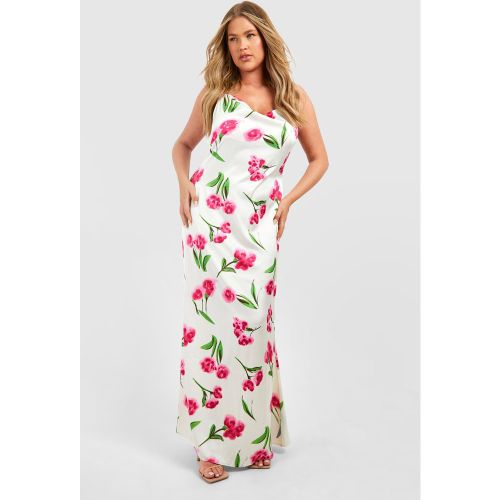 Grande Taille - Robe Mi-Longue Satinée Fleurie À Col Bénitier - 44 - boohoo - Modalova
