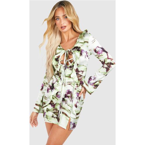 Robe Courte Nouée À Volants Et Imprimé Marbre - 38 - boohoo - Modalova