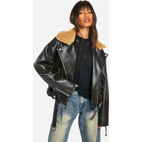 Veste Biker En Synthétique À Col En Polaire - 38 - boohoo - Modalova