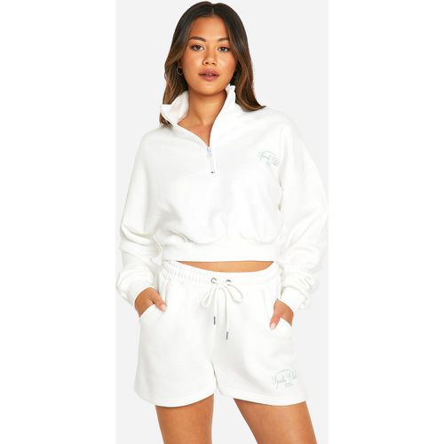 Sports Club Slogan Half Zip Seam Detail Cropped Oversized Sweatshirt - Blanc Écru - S, Blanc Écru - boohoo - Modalova