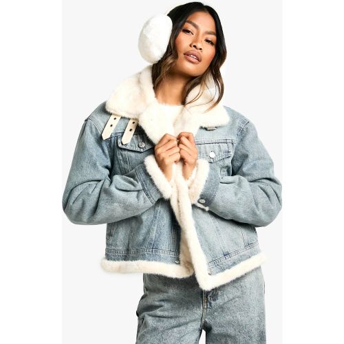 Veste Aviateur En Jean À Bordure En Synthétique - 40 - boohoo - Modalova