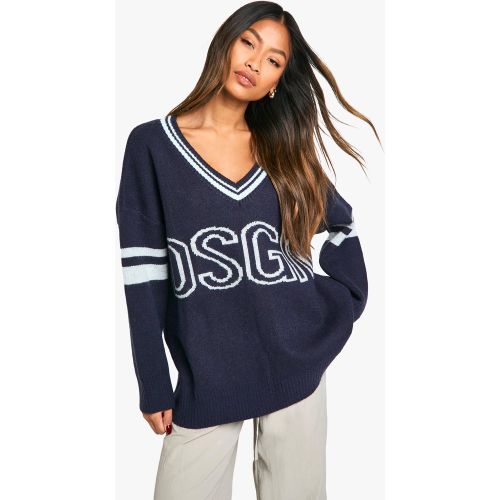 Pull En Maille Épaisse À Col V Et Slogan Dsgn Studio - S - boohoo - Modalova