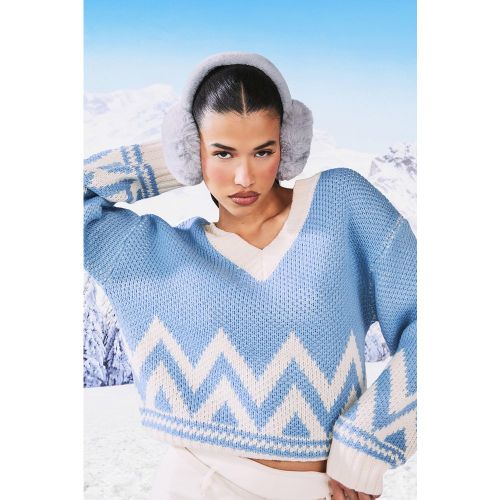 Pull En Maille À Col V Et Motif Jacquard - M - boohoo - Modalova