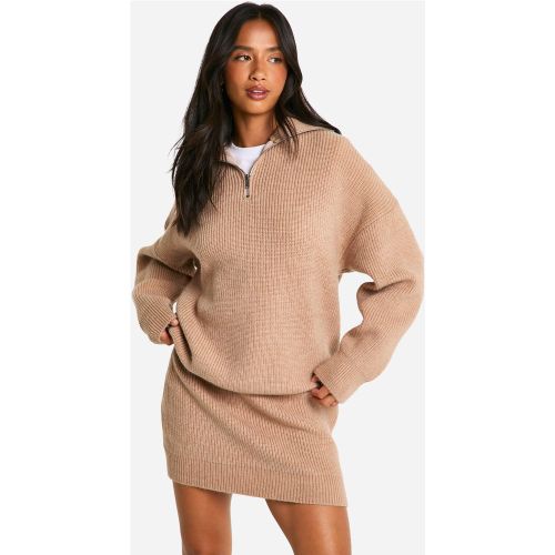 Petite" - Ensemble Côtelé Avec Pull À Col Zippé Et Mini-Jupe - L - boohoo - Modalova