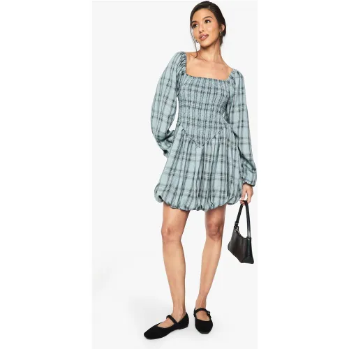 Robe Courte Froncée À Manches Bouffantes Et Carreaux - 36 - boohoo - Modalova