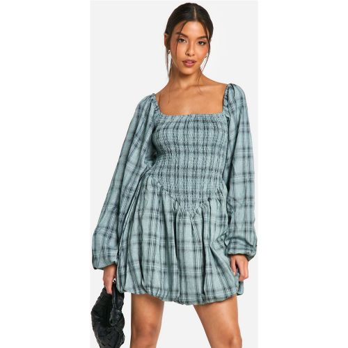 Robe Courte Froncée À Manches Bouffantes Et Carreaux - 38 - boohoo - Modalova