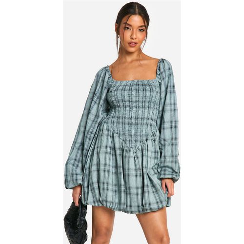 Robe Courte Froncée À Manches Bouffantes Et Carreaux - 40 - boohoo - Modalova