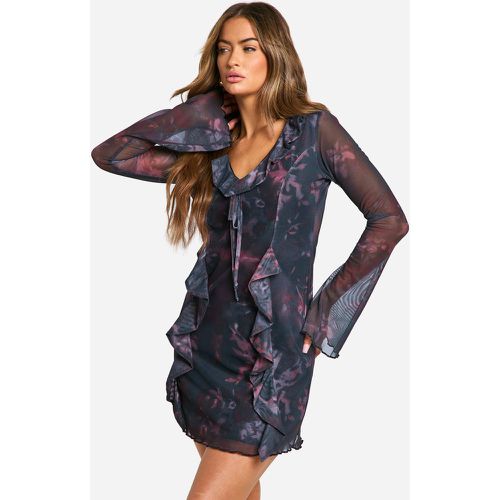 Robe Courte Fleurie En Mesh À Manches Évasées - 36 - boohoo - Modalova