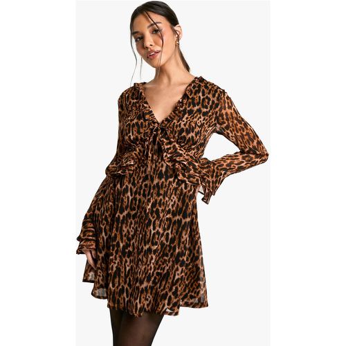 Robe Courte À Imprimé Léopard Et Manches Volantées - 38 - boohoo - Modalova