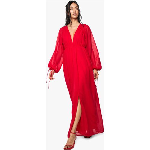 Robe Longue Froncée À Col V En Mousseline De Soie - 36 - boohoo - Modalova