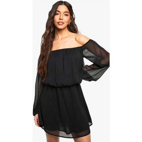 Robe Asymétrique Courte En Mousseline De Soie À Manches Bardot - 36 - boohoo - Modalova