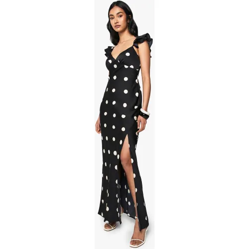 Robe Longue Satinée À Pois Et Manches Volantées - 36 - boohoo - Modalova
