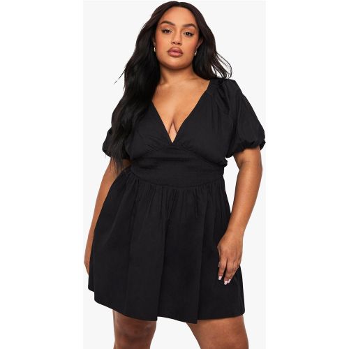 Grande Taille - Robe Patineuse Nouée En Coton À Manches Bouffantes - 44 - boohoo - Modalova