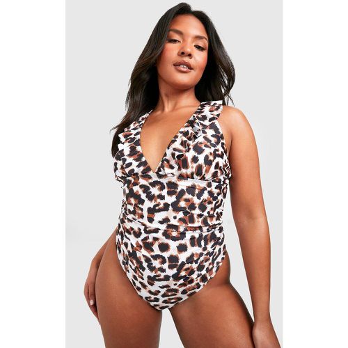 Grande Taille - Maillot De Bain Volanté À Imprimé Animal - 56 - boohoo - Modalova