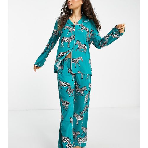 Pyjama avec top à revers et pantalon en jersey écologique - Zèbre turquoise - Chelsea Peers Petite - Modalova