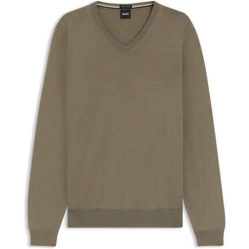 Pull à col V en laine vierge avec logo brodé - Boss - Modalova