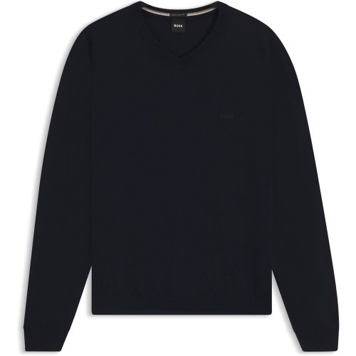 Pull à col V en laine vierge avec logo brodé - Boss - Modalova