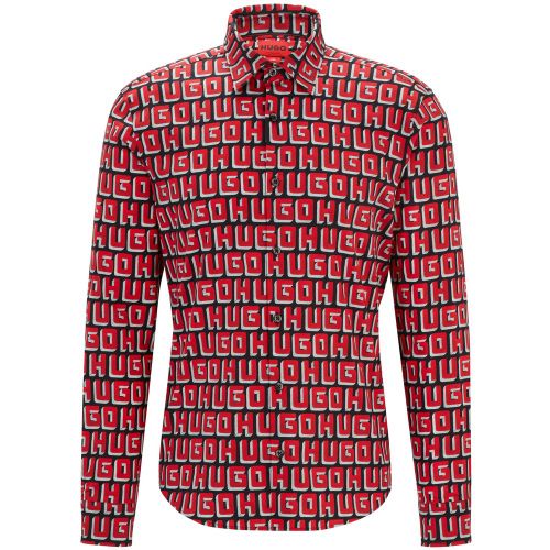 Chemise Slim en popeline de coton stretch à imprimé logoté - HUGO - Modalova