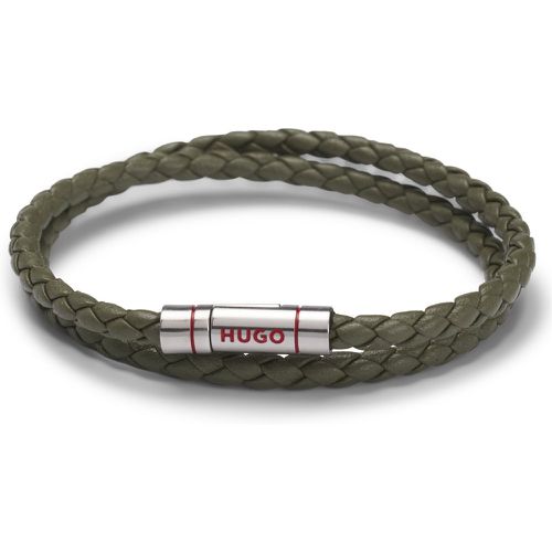 Bracelet double tour en cuir tressé avec fermeture logotée - HUGO - Modalova