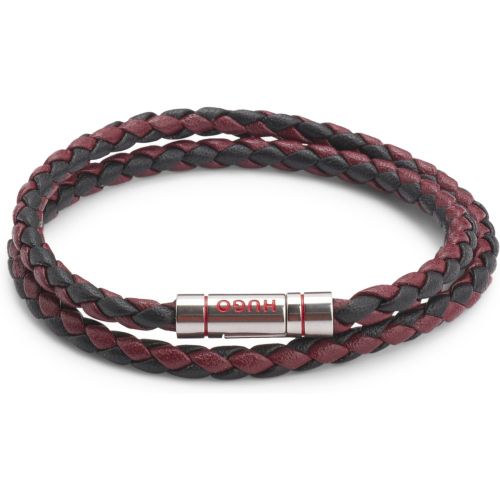 Bracelet double tour en cuir tressé avec fermeture logotée - HUGO - Modalova