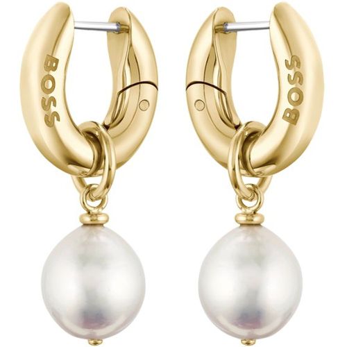 Boucles d’oreilles dorées logotées avec perles amovibles - Boss - Modalova