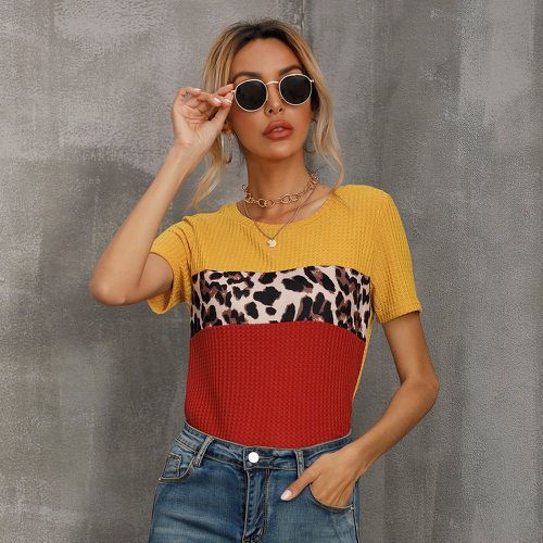 T-shirt en maille gaufrée avec blocs de couleurs léopard - SHEIN - Modalova