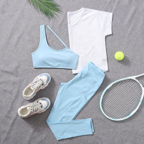 Brassière de sport asymétrique & T-shirt résille & Legging avec poche de téléphone - SHEIN - Modalova
