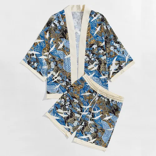 Kimono avec imprimé grue & Short - SHEIN - Modalova