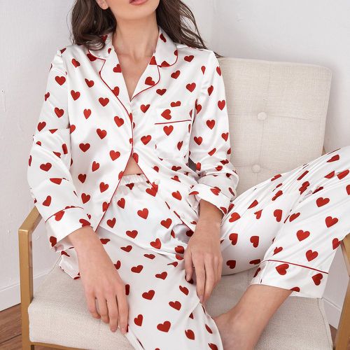 Ensemble de pyjama en satin à imprimé cœur col à revers - SHEIN - Modalova
