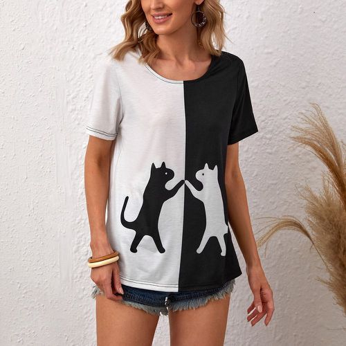 T-shirt bicolore avec imprimé chat - SHEIN - Modalova