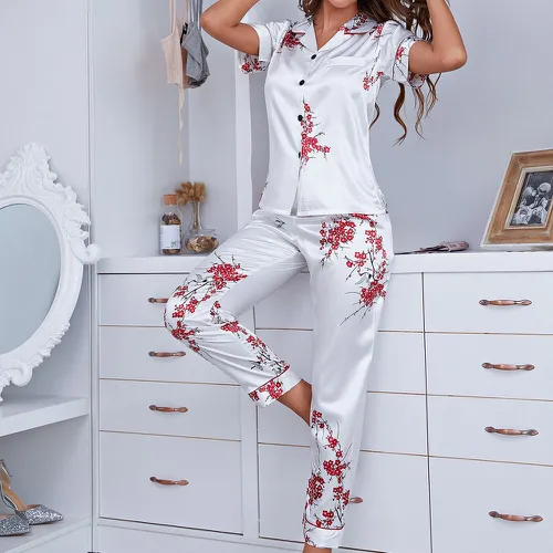 Ensemble de pyjama blouse fleurie en satin & pantalon - SHEIN - Modalova