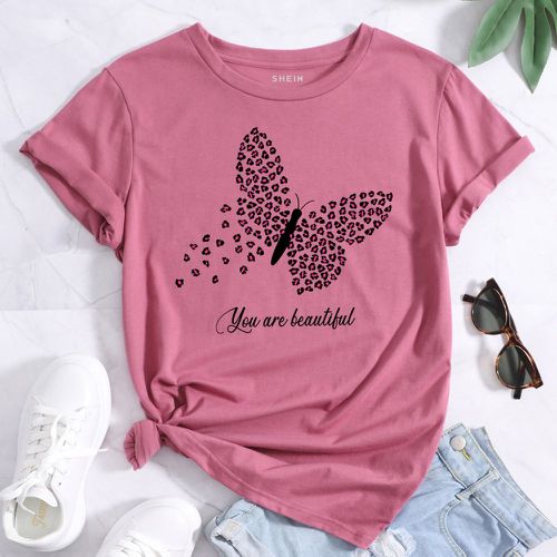 T-shirt slogan et à imprimé papillon - SHEIN - Modalova