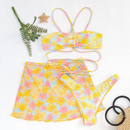 Pièces Bikini à imprimé floral aléatoire & jupe de plage - SHEIN - Modalova