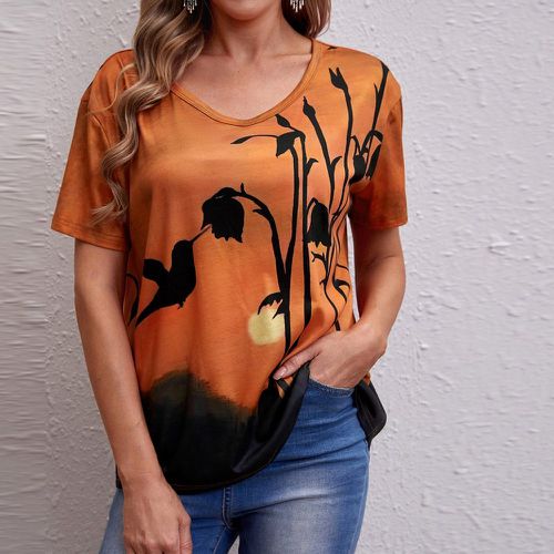 T-shirt à imprimé fleur et soleil col en V - SHEIN - Modalova