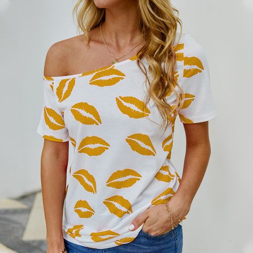 T-shirt à imprimé lèvre à col asymétrique - SHEIN - Modalova