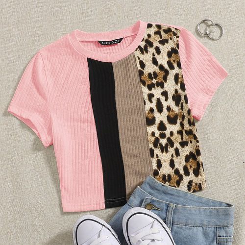 T-shirt en tricot côtelé à imprimé léopard avec blocs de couleurs - SHEIN - Modalova