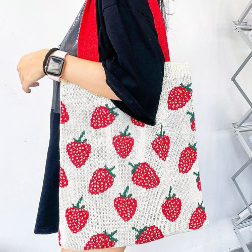 Sac fourre-tout d'épaule à détail en tricot à motif fraise - SHEIN - Modalova